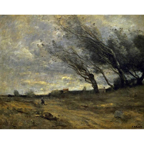 A Gust of Wind Gold Ornate Wood Framed Art Print with Double Matting by Corot, Jean-Baptiste-Camille