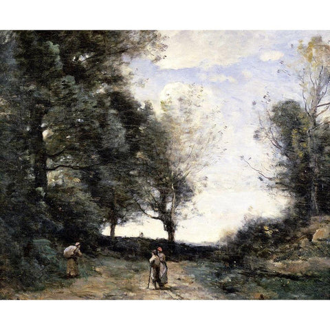 Along the Path Gold Ornate Wood Framed Art Print with Double Matting by Corot, Jean-Baptiste-Camille