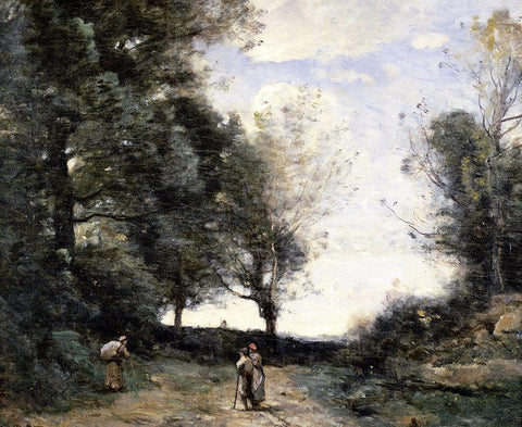 Along the Path Black Ornate Wood Framed Art Print with Double Matting by Corot, Jean-Baptiste-Camille