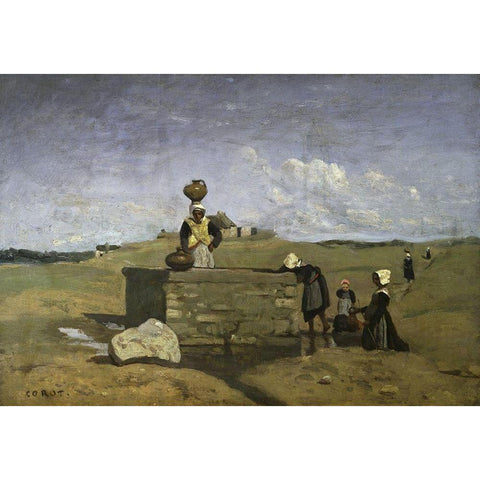 Bretons at the Well Black Modern Wood Framed Art Print with Double Matting by Corot, Jean-Baptiste-Camille