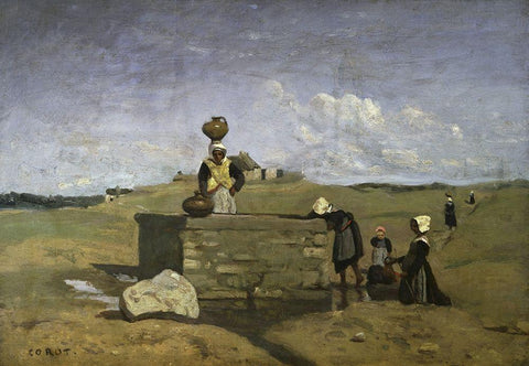 Bretons at the Well Black Ornate Wood Framed Art Print with Double Matting by Corot, Jean-Baptiste-Camille
