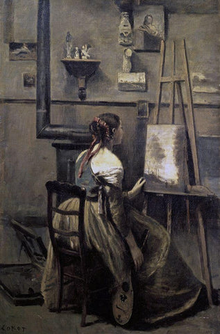 Corots Studio Black Ornate Wood Framed Art Print with Double Matting by Corot, Jean-Baptiste-Camille
