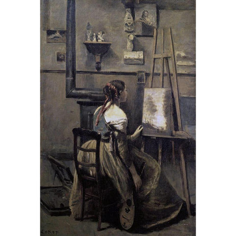 Corots Studio Gold Ornate Wood Framed Art Print with Double Matting by Corot, Jean-Baptiste-Camille