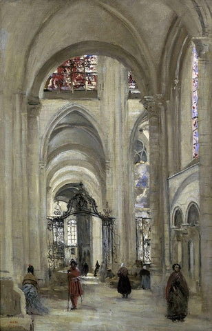 Interior of the Sens Cathedral Black Ornate Wood Framed Art Print with Double Matting by Corot, Jean-Baptiste-Camille