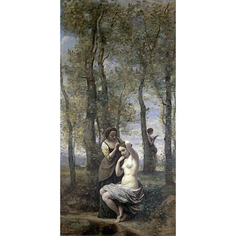 La Toilette Black Modern Wood Framed Art Print with Double Matting by Corot, Jean-Baptiste-Camille
