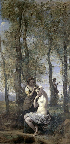 La Toilette Black Ornate Wood Framed Art Print with Double Matting by Corot, Jean-Baptiste-Camille