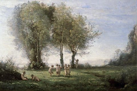 Ronde dAmours: Leher du Soleil White Modern Wood Framed Art Print with Double Matting by Corot, Jean-Baptiste-Camille