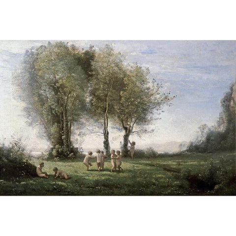 Ronde dAmours: Leher du Soleil Black Modern Wood Framed Art Print with Double Matting by Corot, Jean-Baptiste-Camille
