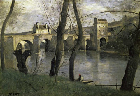 The Bridge of Nantes Black Ornate Wood Framed Art Print with Double Matting by Corot, Jean-Baptiste-Camille