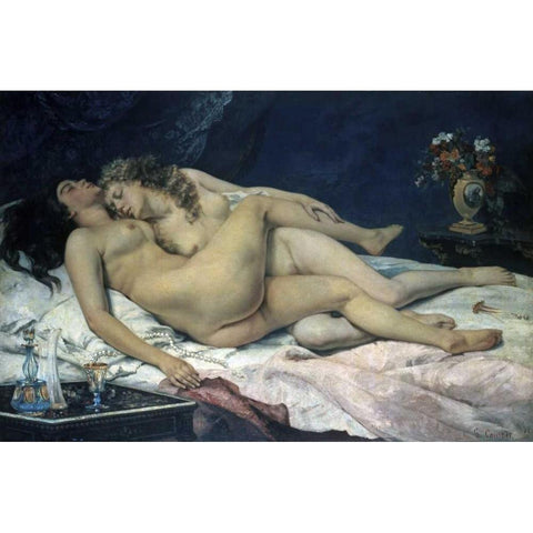 Sleep Gold Ornate Wood Framed Art Print with Double Matting by Courbet, Gustave