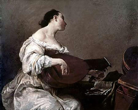 Woman Playing a Lute White Modern Wood Framed Art Print with Double Matting by Crespi, Giuseppe Maria