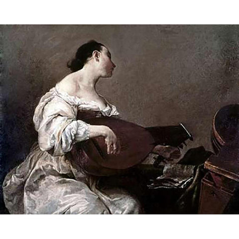 Woman Playing a Lute Black Modern Wood Framed Art Print by Crespi, Giuseppe Maria