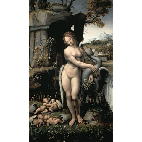 Leda and the Swan Black Modern Wood Framed Art Print with Double Matting by Da Vinci, Leonardo