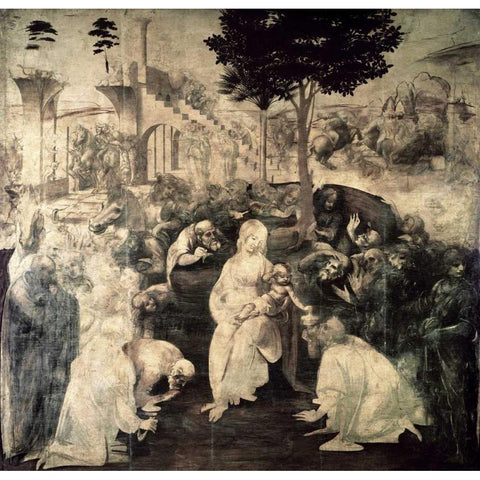 The Adoration of the Magi - underpainting White Modern Wood Framed Art Print by Da Vinci, Leonardo