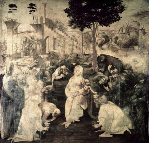 The Adoration of the Magi - underpainting White Modern Wood Framed Art Print with Double Matting by Da Vinci, Leonardo