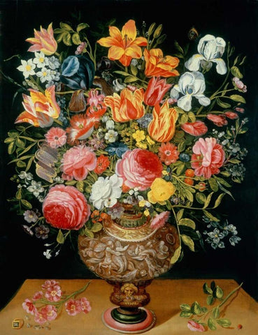 Roses Tulips Narcissi Irises and Other Flowers Black Ornate Wood Framed Art Print with Double Matting by Daniels, Andries