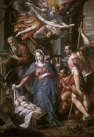The Adoration of the Shepherds Black Ornate Wood Framed Art Print with Double Matting by De Clerck, Hendrik