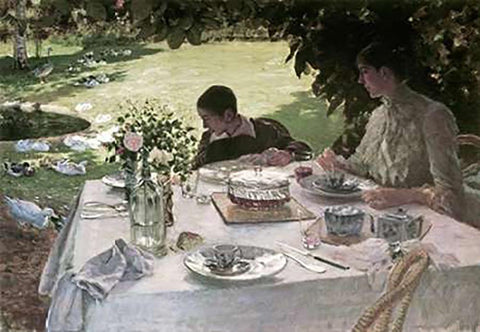 Lunch in the Garden White Modern Wood Framed Art Print with Double Matting by De Nittis, Giuseppe