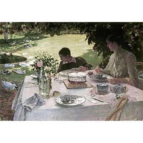 Lunch in the Garden Black Modern Wood Framed Art Print by De Nittis, Giuseppe