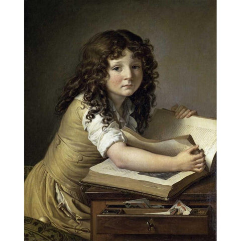 A Young Child Looking at Figures in a Book White Modern Wood Framed Art Print by De Roucy-Trioson, Anne Girodet