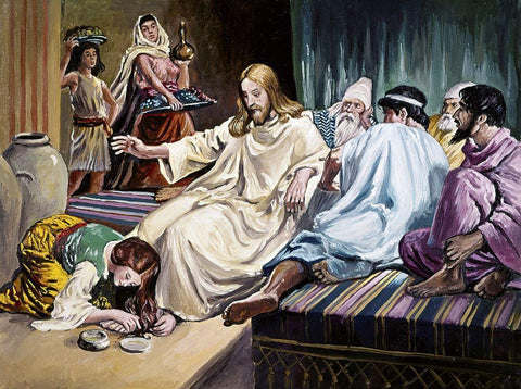 Magdalene Washing Christs Feet White Modern Wood Framed Art Print with Double Matting by Dicksee, Sir Francis