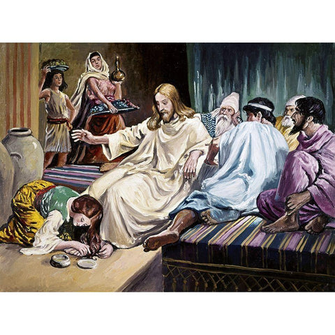 Magdalene Washing Christs Feet White Modern Wood Framed Art Print by Dicksee, Sir Francis