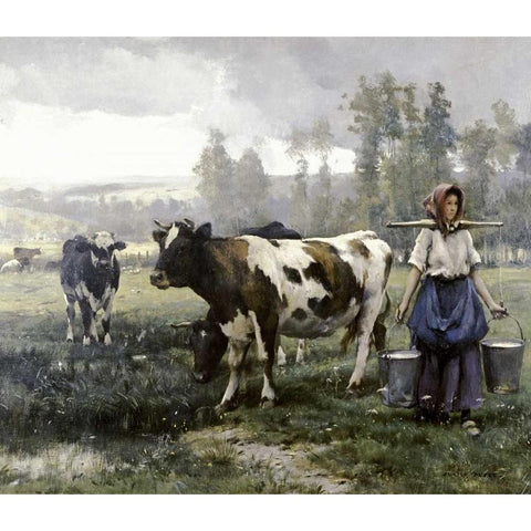 The Milkmaid Gold Ornate Wood Framed Art Print with Double Matting by Dupre, Julien