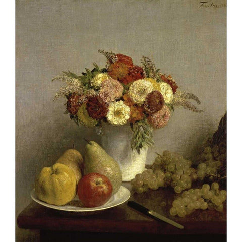 Flowers and Fruit Cuisine Gold Ornate Wood Framed Art Print with Double Matting by Fantin-Latour, Henri