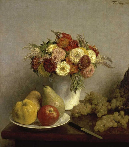 Flowers and Fruit Cuisine White Modern Wood Framed Art Print with Double Matting by Fantin-Latour, Henri