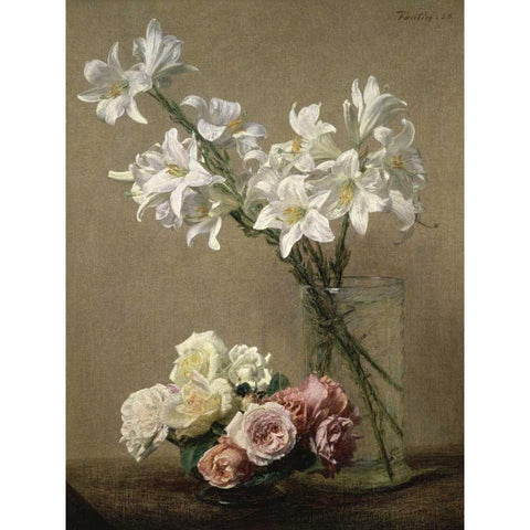 Lilies in a Vase Black Modern Wood Framed Art Print with Double Matting by Fantin-Latour, Henri
