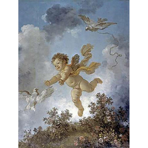 Love Reaching for a Dove Black Modern Wood Framed Art Print with Double Matting by Fragonard, Jean Honore