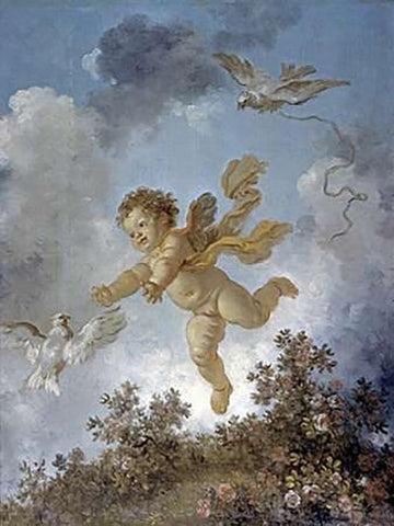 Love Reaching for a Dove Black Ornate Wood Framed Art Print with Double Matting by Fragonard, Jean Honore