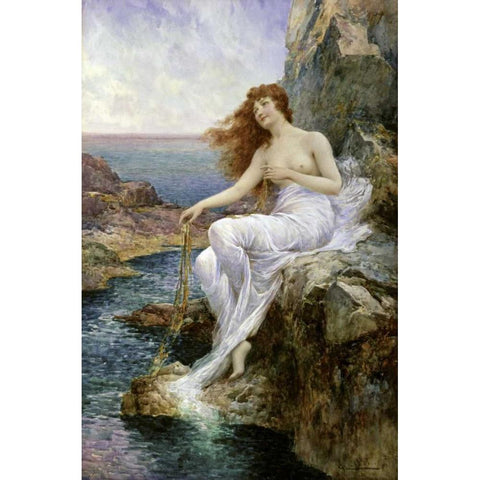 Sea Nymph Seated on a Rock with a Ribbon Seaweed Gold Ornate Wood Framed Art Print with Double Matting by Glendening, Alfred Augustus