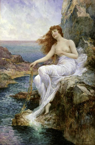 Sea Nymph Seated on a Rock with a Ribbon Seaweed Black Ornate Wood Framed Art Print with Double Matting by Glendening, Alfred Augustus