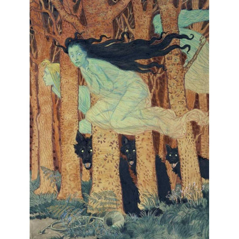 Three Women and Three Wolves White Modern Wood Framed Art Print by Grasset, Eugene