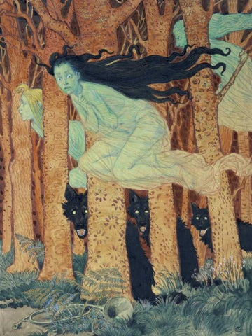 Three Women and Three Wolves White Modern Wood Framed Art Print with Double Matting by Grasset, Eugene