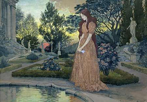 Young Lady in a Garden White Modern Wood Framed Art Print with Double Matting by Grasset, Eugene Samuel