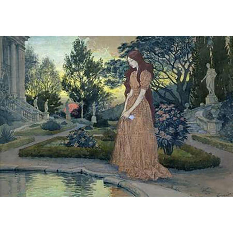 Young Lady in a Garden Black Modern Wood Framed Art Print by Grasset, Eugene Samuel