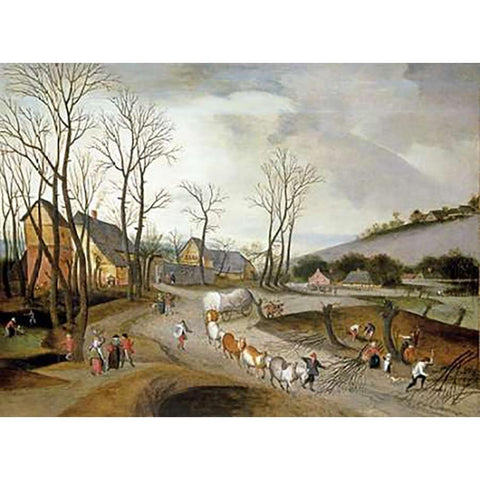 Winter Landscape with Wagon and Peasants at Work Gold Ornate Wood Framed Art Print with Double Matting by Grimmer, Abel