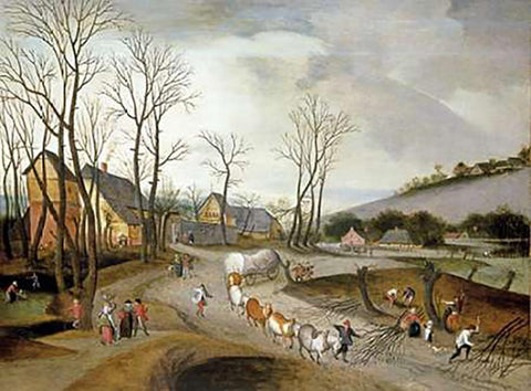 Winter Landscape with Wagon and Peasants at Work Black Ornate Wood Framed Art Print with Double Matting by Grimmer, Abel