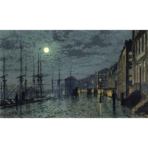 City Docks by Moonlight Black Modern Wood Framed Art Print with Double Matting by Grimshaw, John Atkinson
