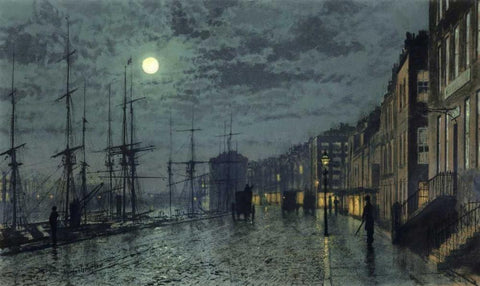 City Docks by Moonlight Black Ornate Wood Framed Art Print with Double Matting by Grimshaw, John Atkinson