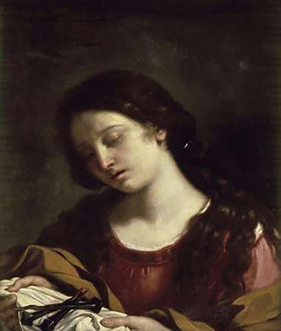 The Magdalen Contemplating the Nails of the Passion White Modern Wood Framed Art Print with Double Matting by Guercino, Giovanni