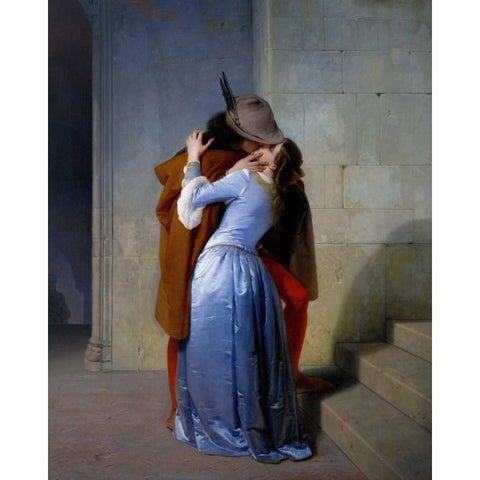 The Kiss Black Modern Wood Framed Art Print with Double Matting by Hayez, Francesco