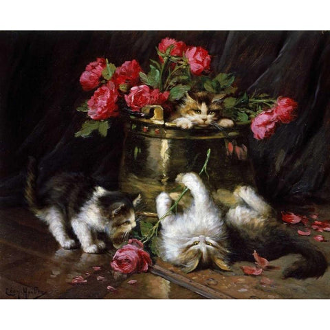 Playful Kittens Black Modern Wood Framed Art Print by Huber, Leon-Charles