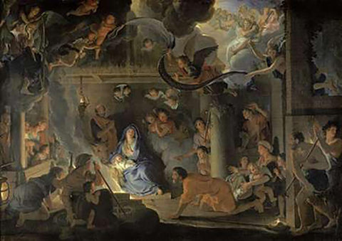 Adoration of the Shepherds Black Ornate Wood Framed Art Print with Double Matting by Le Brun, Charles