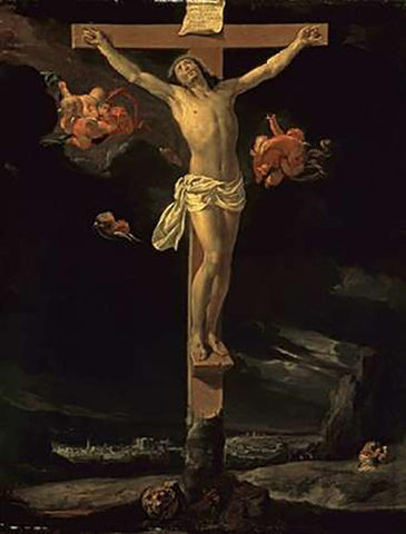 The Crucifixion Black Ornate Wood Framed Art Print with Double Matting by Le Brun, Charles