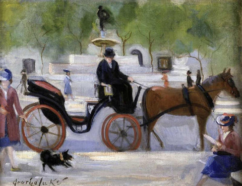 Central Park Carriage Black Ornate Wood Framed Art Print with Double Matting by Luks, George Benjamin