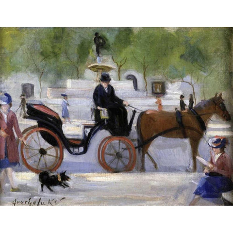 Central Park Carriage Gold Ornate Wood Framed Art Print with Double Matting by Luks, George Benjamin