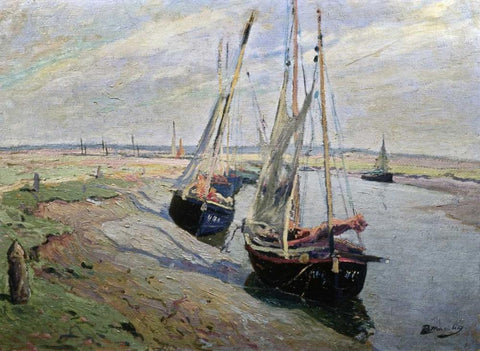 Barques de Peche White Modern Wood Framed Art Print with Double Matting by Madeline, Paul